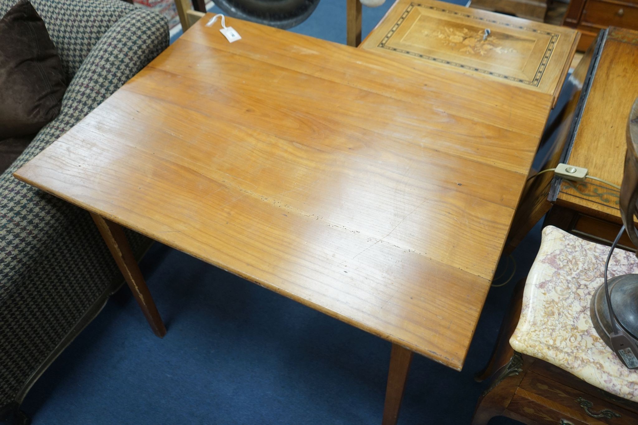 A small 19th century French provincial rectangular cherry kitchen table with fitted drawer, width 99cm, depth 74cm, height 74cm